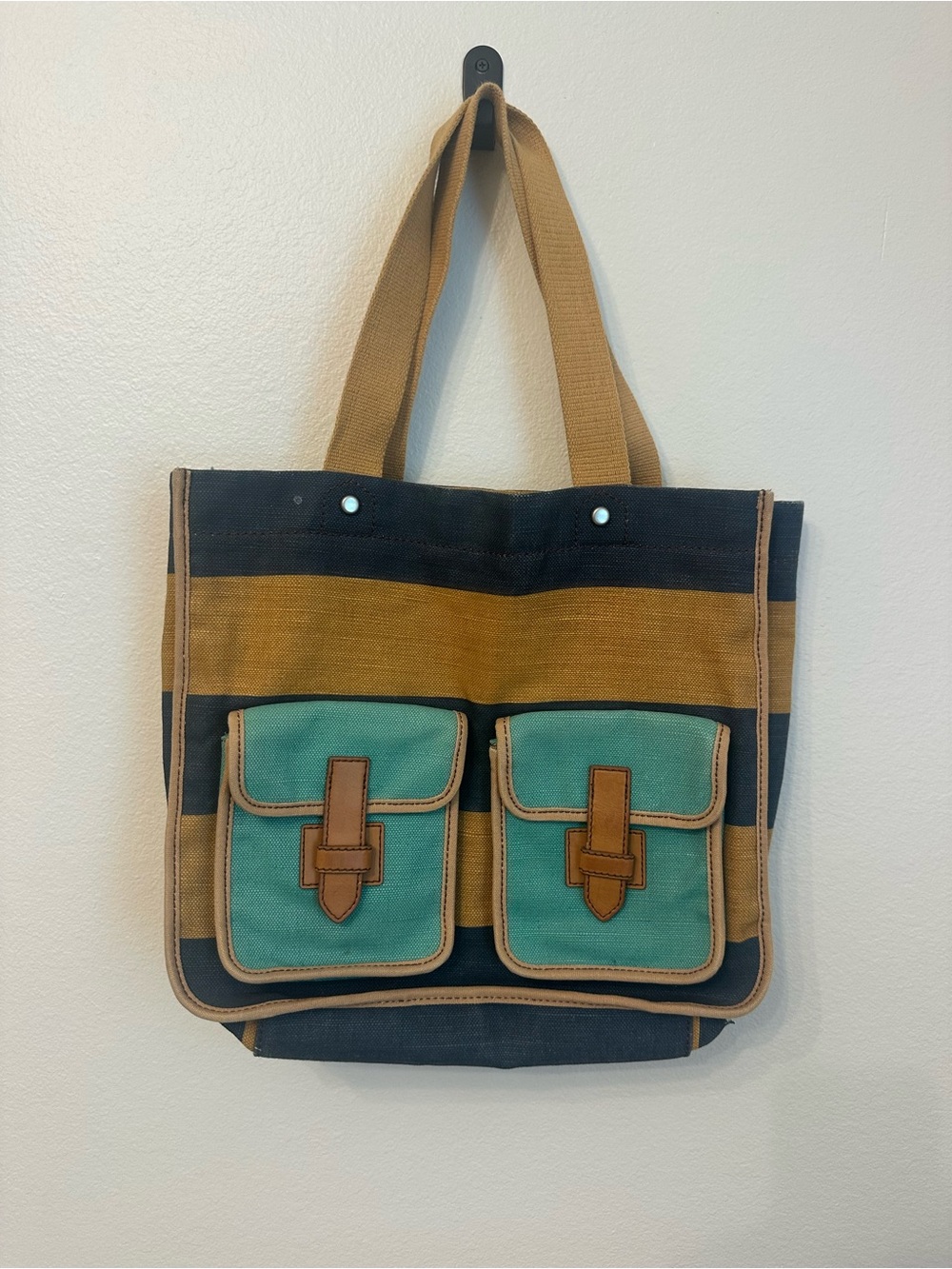 Fossil Striped Canvas Tote with Teal Front Pockets